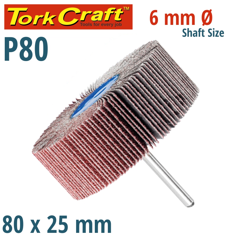 FLAP WHEEL 80 X 25 X 6MM SHAFT 80 GRIT PER EACH (7 PER BOX) FLAP WHEEL 80 X 25 X 6MM SHAFT 80 GRIT PER EACH (7 PER BOX)
