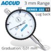 ACCUD DIAL INDICATOR LUG BACK 0-3MM 0.01MM WITH LOCK SCREW