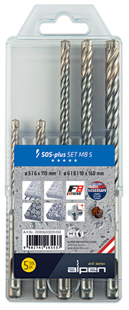 ALPEN F8 SDS DRILL BIT SET 5 PIECE 5 6 X 110MM 6 8 10 MM X 160MM ALPEN F8 SDS DRILL BIT SET 5 PIECE 5 6 X 110MM 6 8 10 MM X 160MM