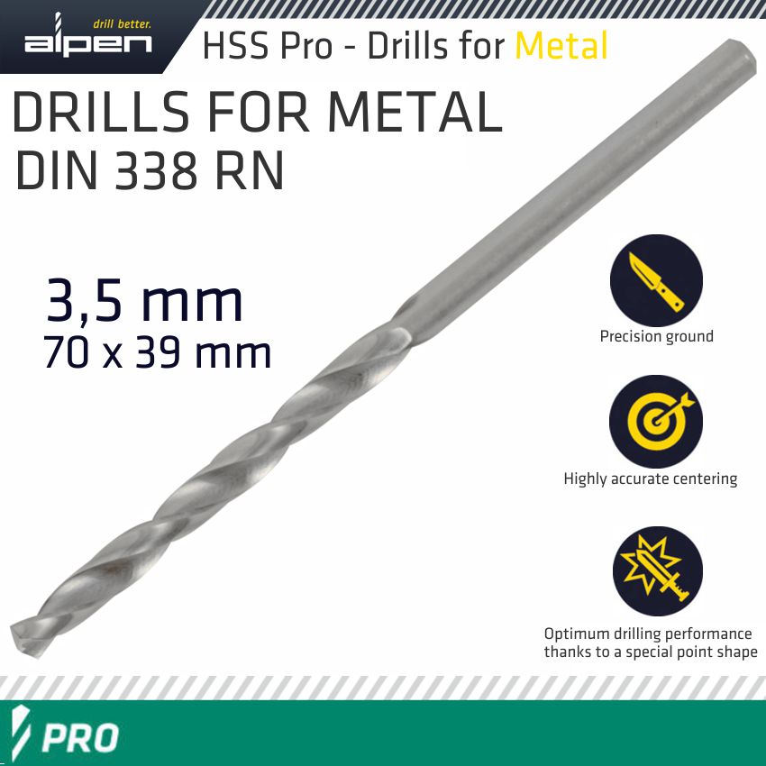 ALPEN PRO HSS 3.5MM DRILL DIN 338 RN 135 SPLIT POINT PLASTIC WALLET ( ALPEN PRO HSS 3.5MM DRILL DIN 338 RN 135 SPLIT POINT PLASTIC WALLET (
