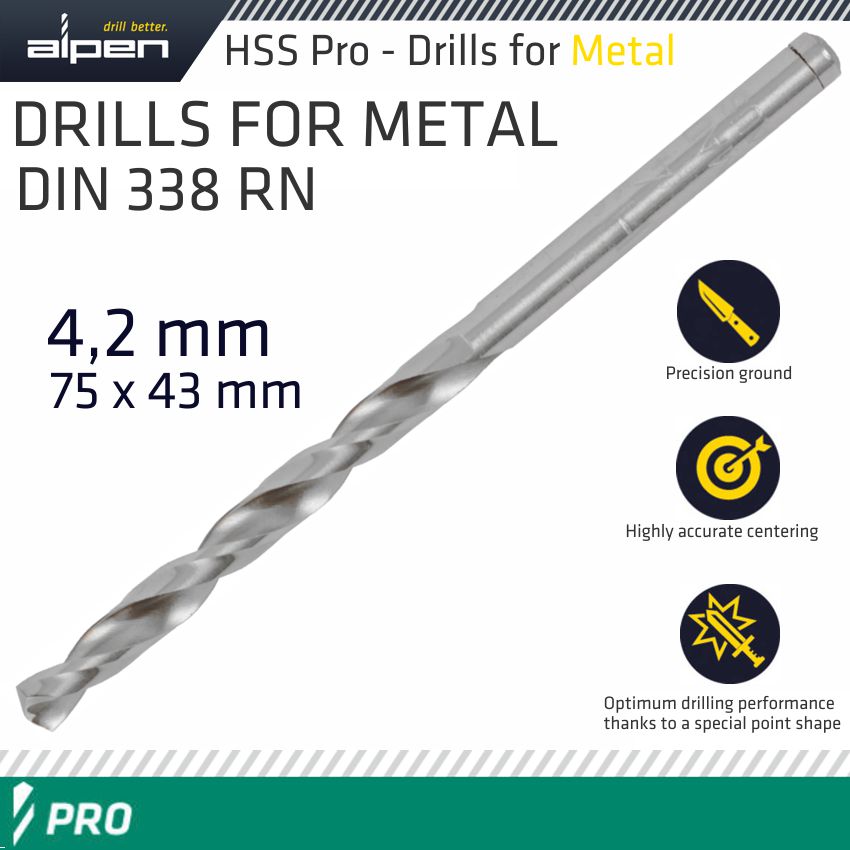 ALPEN PRO HSS 4.2MM DRILL DIN 338 RN 135 SPLIT POINT PLASTIC WALLET ( ALPEN PRO HSS 4.2MM DRILL DIN 338 RN 135 SPLIT POINT PLASTIC WALLET (