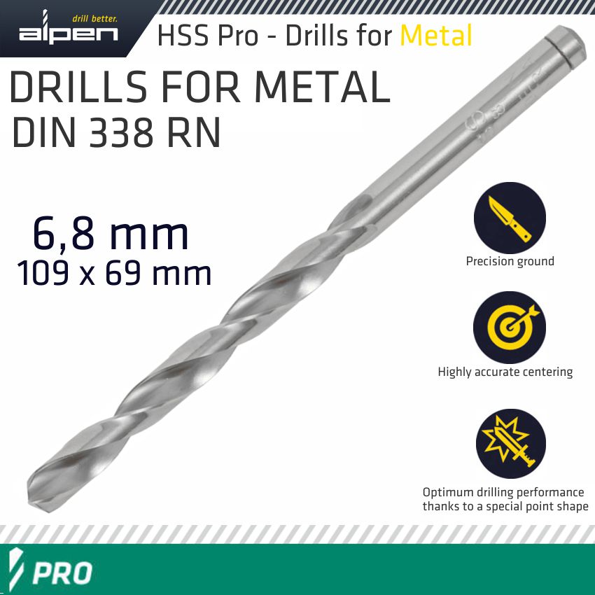 ALPEN PRO HSS 6.8MM DRILL DIN 338 RN 135 SPLIT POINT PLASTIC WALLET ALPEN PRO HSS 6.8MM DRILL DIN 338 RN 135 SPLIT POINT PLASTIC WALLET
