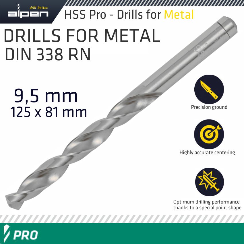 ALPEN PRO HSS 9.5MM DRILL DIN 338 RN 135 SPLIT POINT PLASTIC WALLET ALPEN PRO HSS 9.5MM DRILL DIN 338 RN 135 SPLIT POINT PLASTIC WALLET
