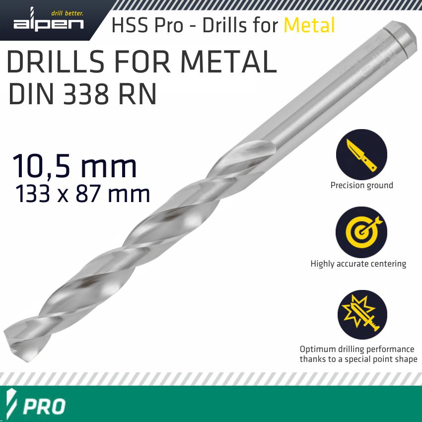 ALPEN PRO HSS 10.5MM DRILL DIN 338 RN 135 SPLIT POINT PLASTIC WALLET ALPEN PRO HSS 10.5MM DRILL DIN 338 RN 135 SPLIT POINT PLASTIC WALLET