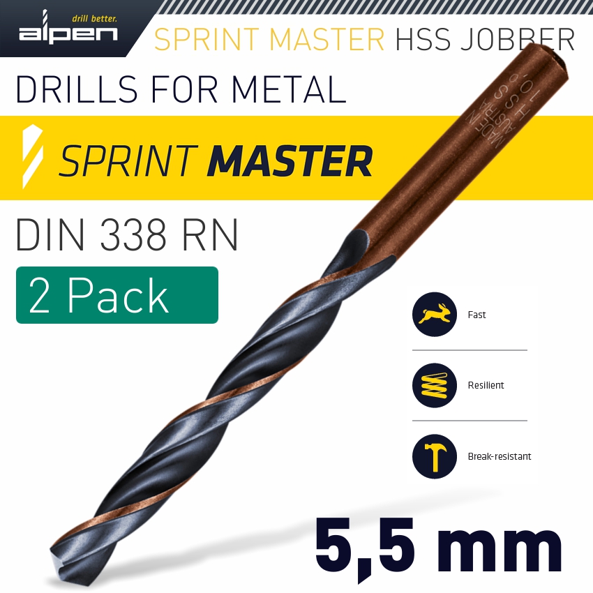 HSS SPRINT MASTER 5.5MM X2 SLEEVED DIN338 ALPEN DRILL BIT HSS SPRINT MASTER 5.5MM X2 SLEEVED DIN338 ALPEN DRILL BIT