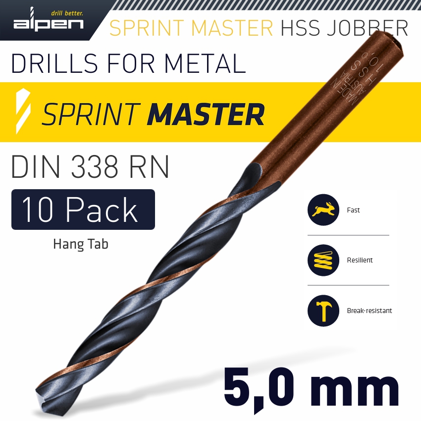 HSS SPRINT MASTER 5.0MM 10-PACK HANG TAG DIN 338 ALPEN DRILL BITS HSS SPRINT MASTER 5.0MM 10-PACK HANG TAG DIN 338 ALPEN DRILL BITS