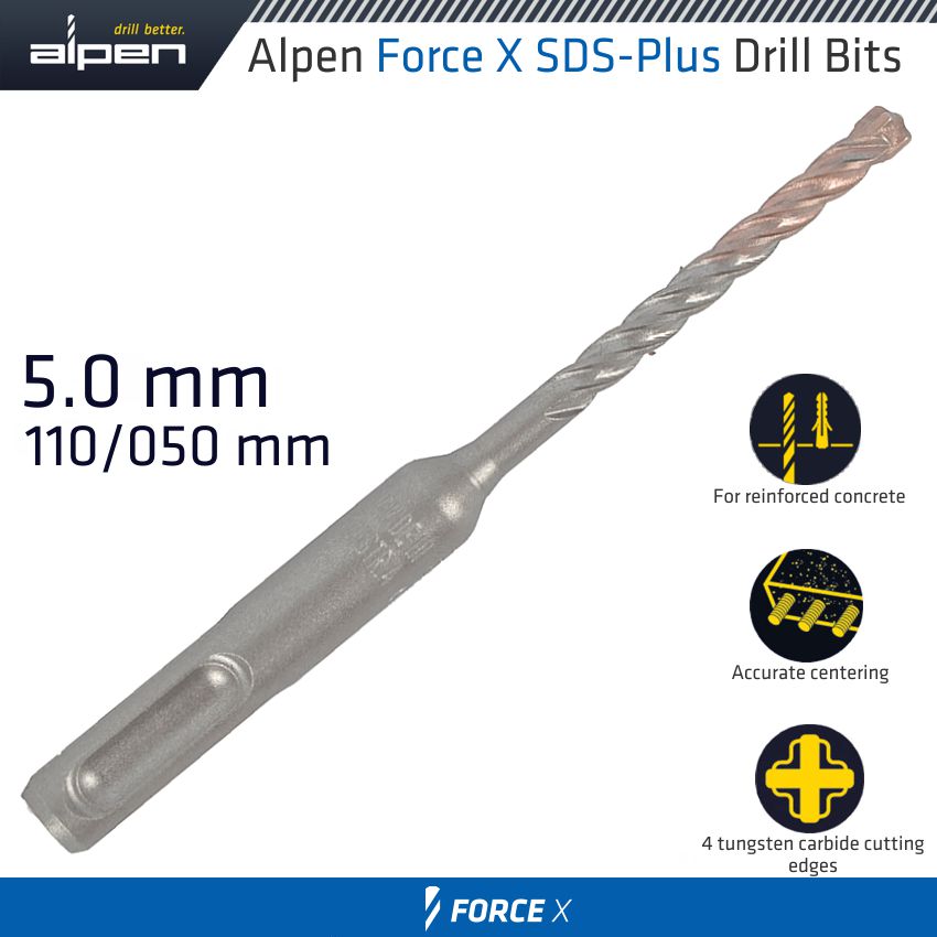 FORCE X 5.0 x 110/050 SDS-PLUS DRILL BIT X4 CUTTING EDGES - BULK FORCE X 5.0 x 110/050 SDS-PLUS DRILL BIT X4 CUTTING EDGES - BULK