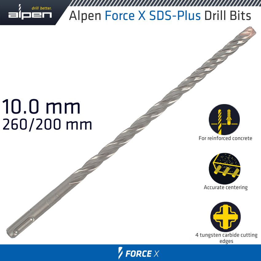 FORCE X 10.0 x 260/200 SDS-PLUS DRILL BIT X4 CUTTING EDGES - BULK FORCE X 10.0 x 260/200 SDS-PLUS DRILL BIT X4 CUTTING EDGES - BULK