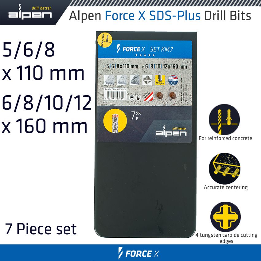 FORCE X SDS-PLUS SET KM7 7 PCS. 5.0/ 6.0/ 8.0 MM X 110 AND 6.0/ 8.0/ 1 FORCE X SDS-PLUS SET KM7 7 PCS. 5.0/ 6.0/ 8.0 MM X 110 AND 6.0/ 8.0/ 1