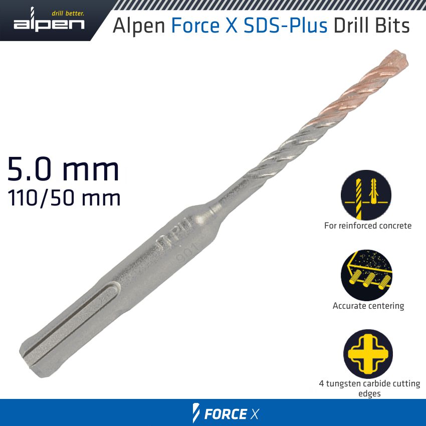 FORCE X 5.0 x 110/050 SDS-PLUS DRILL BIT X4 CUTTING EDGES FORCE X 5.0 x 110/050 SDS-PLUS DRILL BIT X4 CUTTING EDGES