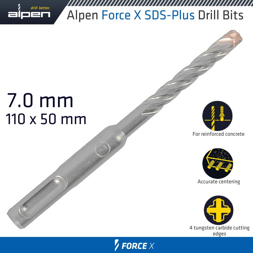 FORCE X 7.0 x 110/050 SDS-PLUS DRILL BIT X4 CUTTING EDGES FORCE X 7.0 x 110/050 SDS-PLUS DRILL BIT X4 CUTTING EDGES