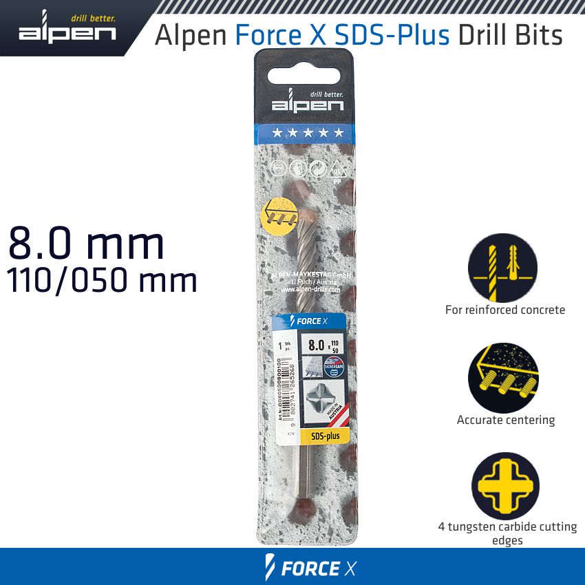 FORCE X 8.0 x 110/050 SDS-PLUS DRILL BIT X4 CUTTING EDGES FORCE X 8.0 x 110/050 SDS-PLUS DRILL BIT X4 CUTTING EDGES