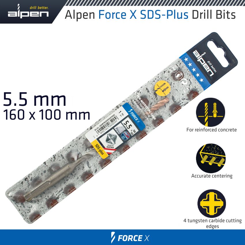 FORCE X 5.5 x 160/100 SDS-PLUS DRILL BIT X4 CUTTING EDGES FORCE X 5.5 x 160/100 SDS-PLUS DRILL BIT X4 CUTTING EDGES