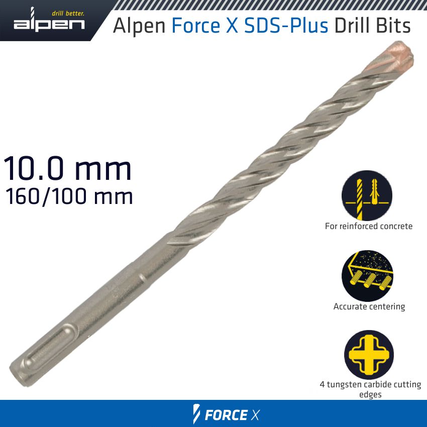 FORCE X 10.0 x 160/100 SDS-PLUS DRILL BIT X4 CUTTING EDGES FORCE X 10.0 x 160/100 SDS-PLUS DRILL BIT X4 CUTTING EDGES