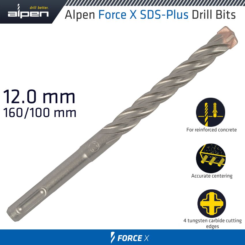 FORCE X 12.0 x 160/100 SDS-PLUS DRILL BIT X4 CUTTING EDGES FORCE X 12.0 x 160/100 SDS-PLUS DRILL BIT X4 CUTTING EDGES