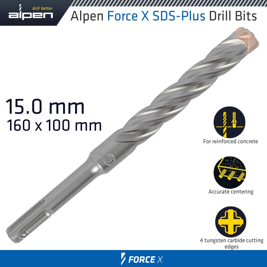 FORCE X 15.0 x160/100 SDS-PLUS DRILL BIT X4 CUTTING EDGES FORCE X 15.0 x160/100 SDS-PLUS DRILL BIT X4 CUTTING EDGES