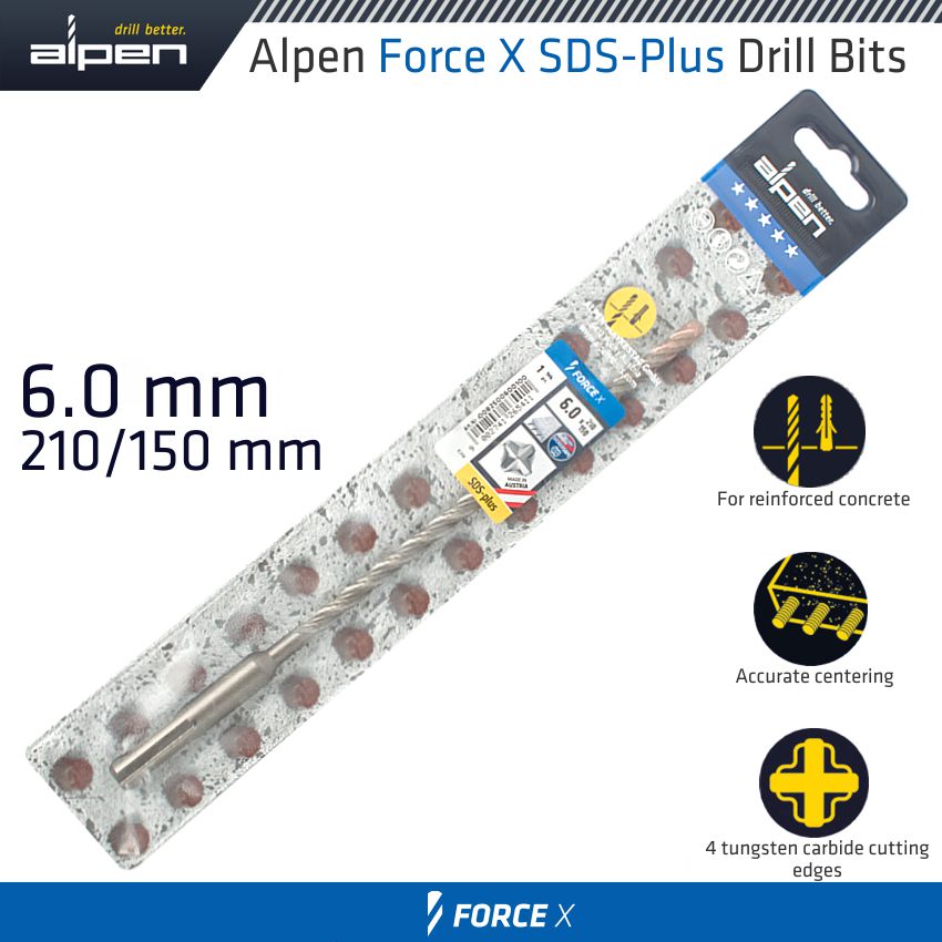 FORCE X 6.0 x 210/150 SDS-PLUS DRILL BIT X4 CUTTING EDGES FORCE X 6.0 x 210/150 SDS-PLUS DRILL BIT X4 CUTTING EDGES