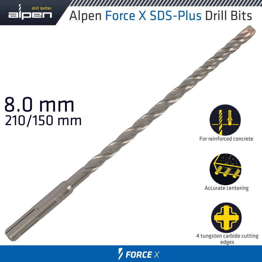 FORCE X 8.0 x 210/150 SDS-PLUS DRILL BIT X4 CUTTING EDGES FORCE X 8.0 x 210/150 SDS-PLUS DRILL BIT X4 CUTTING EDGES