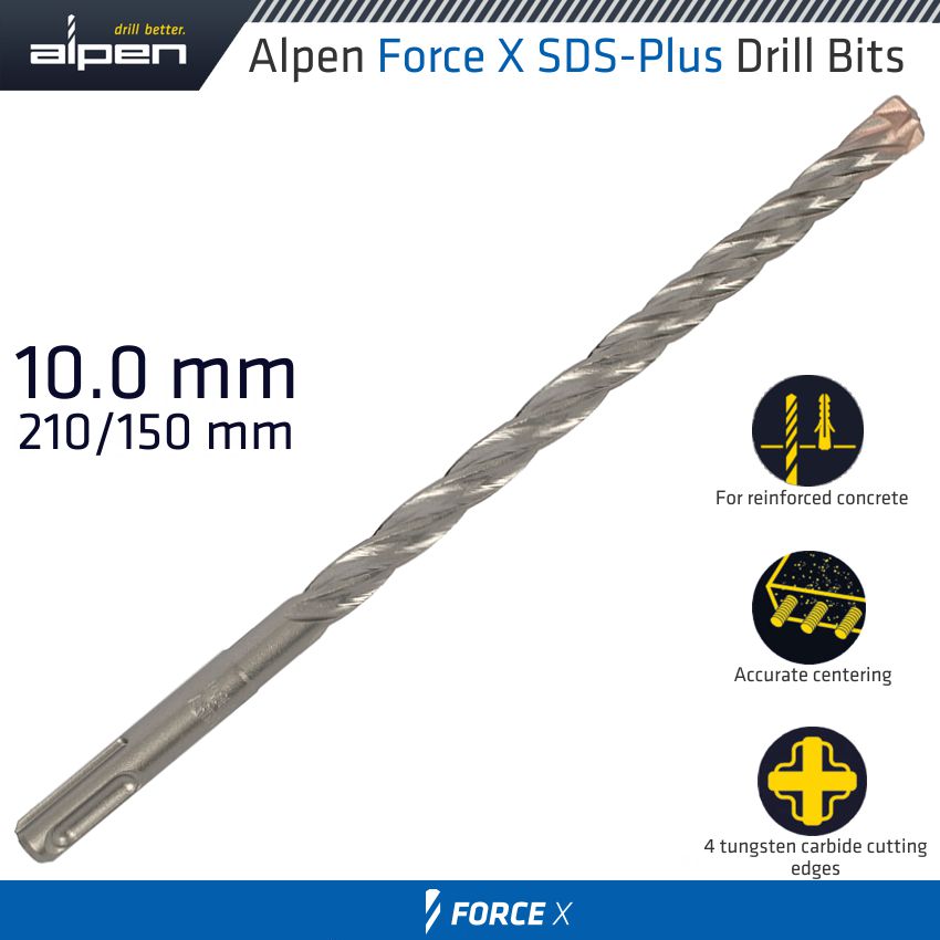 FORCE X 10.0 x 210/150 SDS-PLUS DRILL BIT X4 CUTTING EDGES FORCE X 10.0 x 210/150 SDS-PLUS DRILL BIT X4 CUTTING EDGES