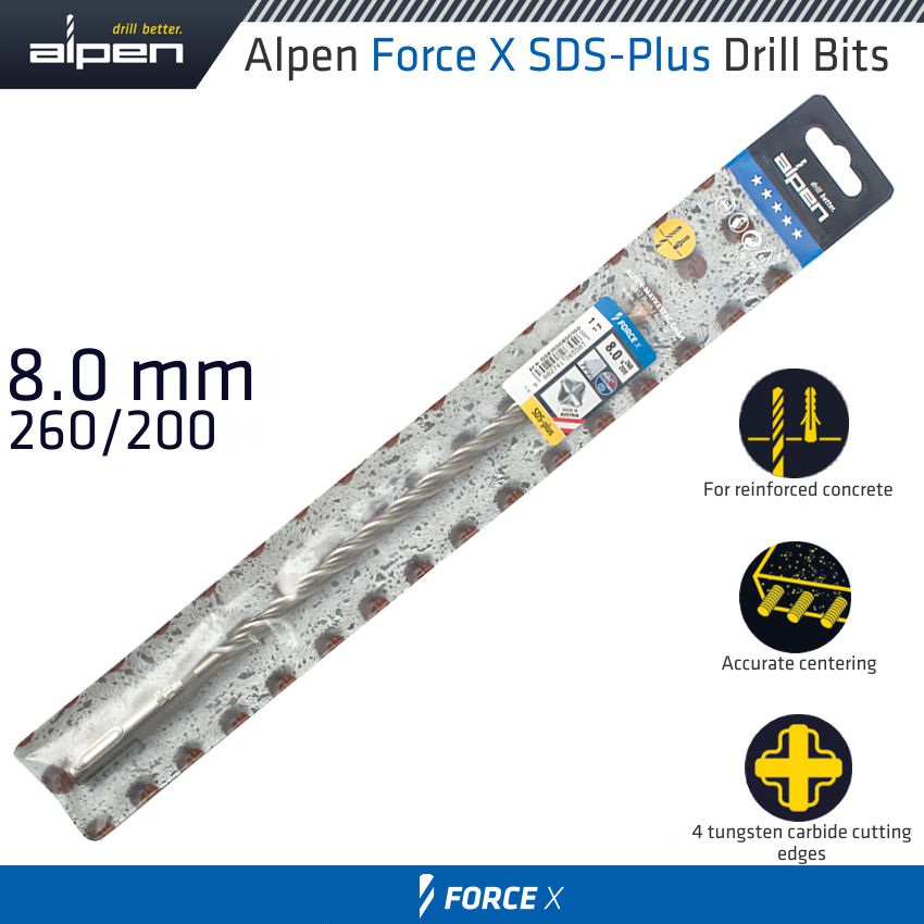 FORCE X 8.0 x 260/200 SDS-PLUS DRILL BIT X4 CUTTING EDGES FORCE X 8.0 x 260/200 SDS-PLUS DRILL BIT X4 CUTTING EDGES
