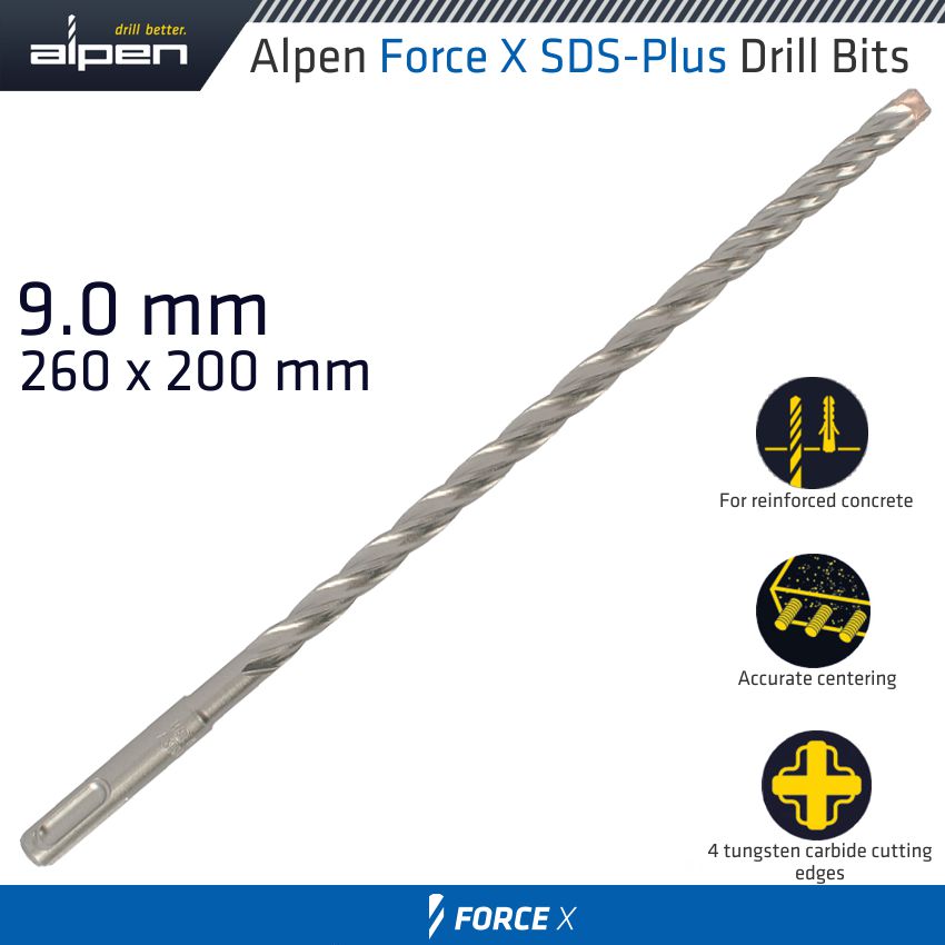 FORCE X 9.0 x 260/200 SDS-PLUS DRILL BIT X4 CUTTING EDGES FORCE X 9.0 x 260/200 SDS-PLUS DRILL BIT X4 CUTTING EDGES