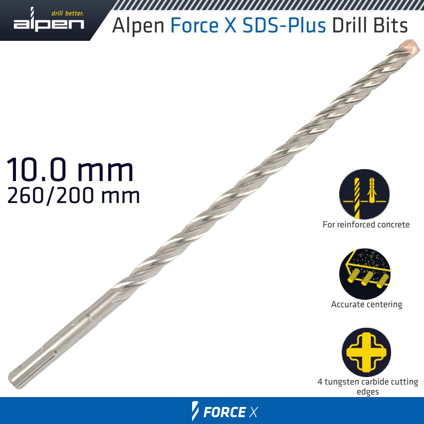 FORCE X 10.0 x 260/200 SDS-PLUS DRILL BIT X4 CUTTING EDGES FORCE X 10.0 x 260/200 SDS-PLUS DRILL BIT X4 CUTTING EDGES