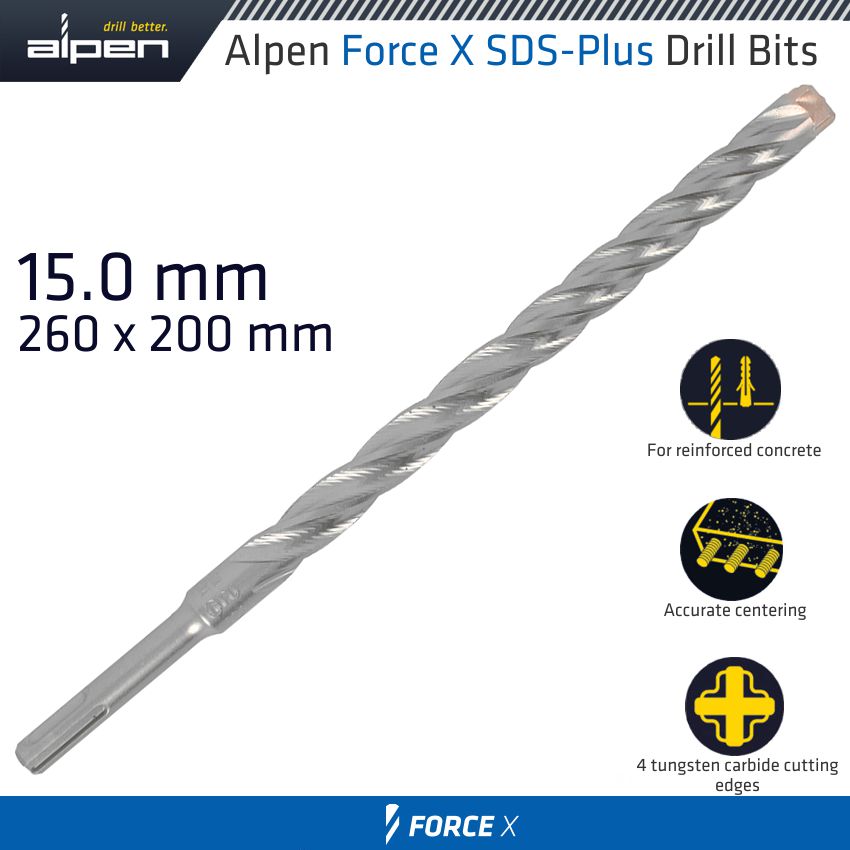 FORCE X 15.0 x 260/200 SDS-PLUS DRILL BIT X4 CUTTING EDGES FORCE X 15.0 x 260/200 SDS-PLUS DRILL BIT X4 CUTTING EDGES