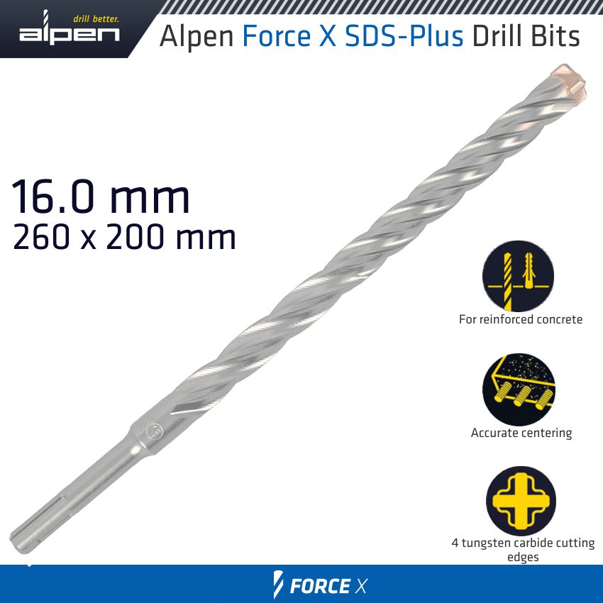 FORCE X 16.0 x 260/200 SDS-PLUS DRILL BIT X4 CUTTING EDGES FORCE X 16.0 x 260/200 SDS-PLUS DRILL BIT X4 CUTTING EDGES