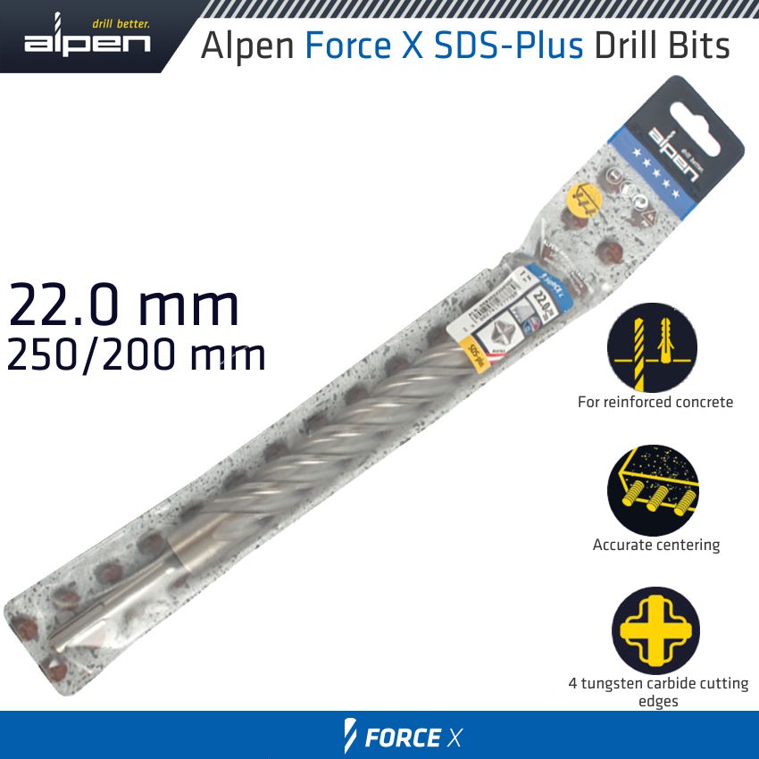 FORCE X 22.0 x 250/200 SDS-PLUS DRILL BIT X4 CUTTING EDGES FORCE X 22.0 x 250/200 SDS-PLUS DRILL BIT X4 CUTTING EDGES