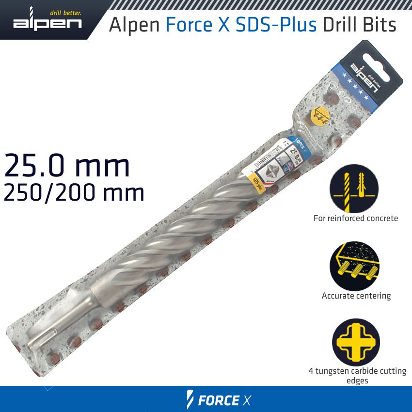 FORCE X 25.0 x 250/200 SDS-PLUS DRILL BIT X4 CUTTING EDGES FORCE X 25.0 x 250/200 SDS-PLUS DRILL BIT X4 CUTTING EDGES