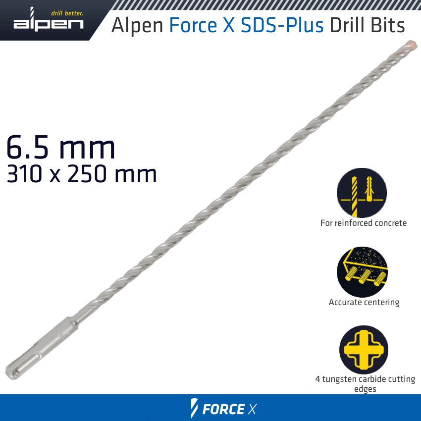 FORCE X 6.5 x 310/250 SDS-PLUS DRILL BIT X4 CUTTING EDGES FORCE X 6.5 x 310/250 SDS-PLUS DRILL BIT X4 CUTTING EDGES