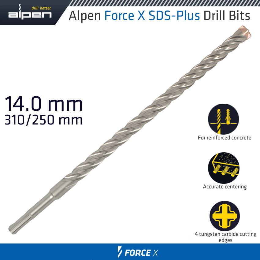 FORCE X 14.0 x 310/250 SDS-PLUS DRILL BIT X4 CUTTING EDGES FORCE X 14.0 x 310/250 SDS-PLUS DRILL BIT X4 CUTTING EDGES