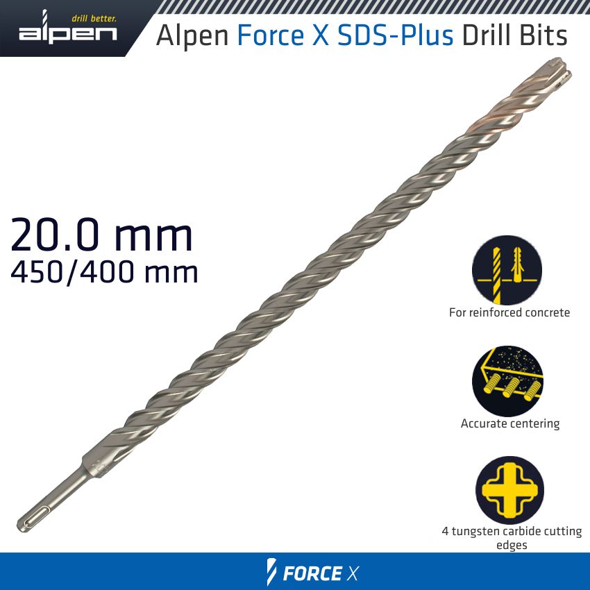FORCE X 20.0 x 450/400 SDS-PLUS DRILL BIT X4 CUTTING EDGES FORCE X 20.0 x 450/400 SDS-PLUS DRILL BIT X4 CUTTING EDGES