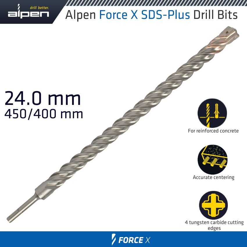 FORCE X 24.0 x 450/400 SDS-PLUS DRILL BIT X4 CUTTING EDGES FORCE X 24.0 x 450/400 SDS-PLUS DRILL BIT X4 CUTTING EDGES