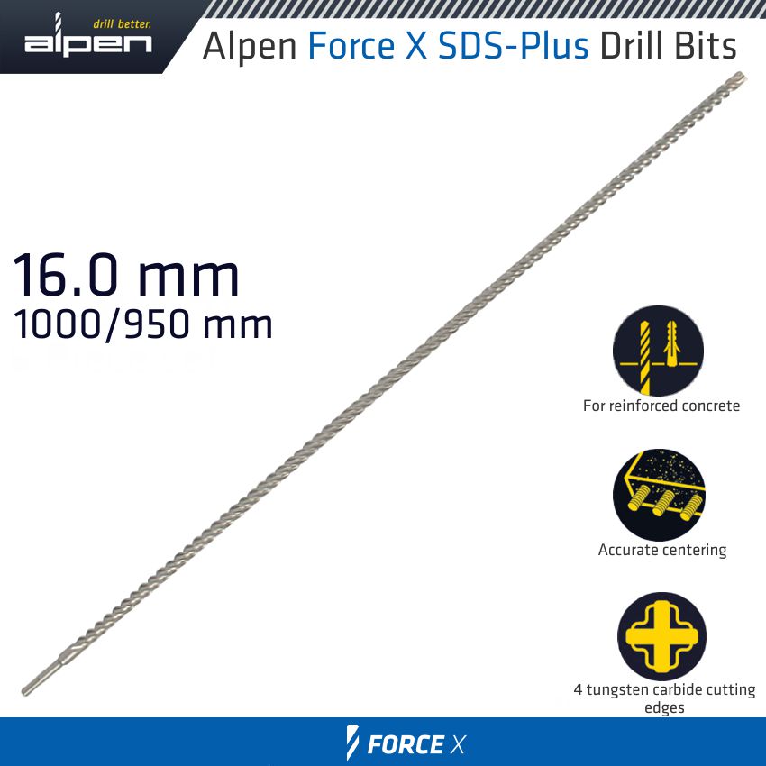 FORCE X 16.0 x 1000/950 SDS-PLUS DRILL BIT X4 CUTTING EDGES FORCE X 16.0 x 1000/950 SDS-PLUS DRILL BIT X4 CUTTING EDGES