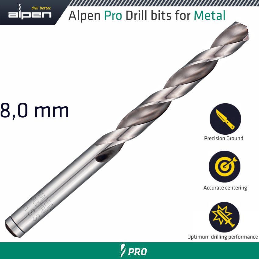 ALPEN PRO HSS DRILL DIN 338 RN 135 WITH SPLIT POINT 8.0MM BULK ALPEN PRO HSS DRILL DIN 338 RN 135 WITH SPLIT POINT 8.0MM BULK