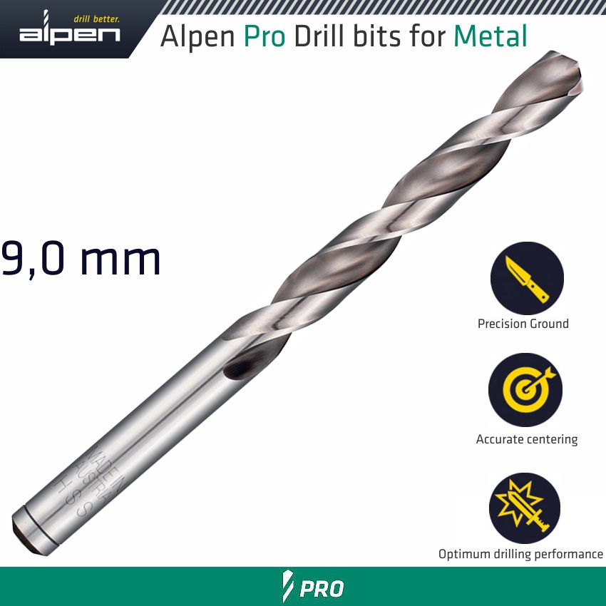 ALPEN PRO HSS DRILL DIN 338 RN 135 WITH SPLIT POINT 9.0MM BULK ALPEN PRO HSS DRILL DIN 338 RN 135 WITH SPLIT POINT 9.0MM BULK
