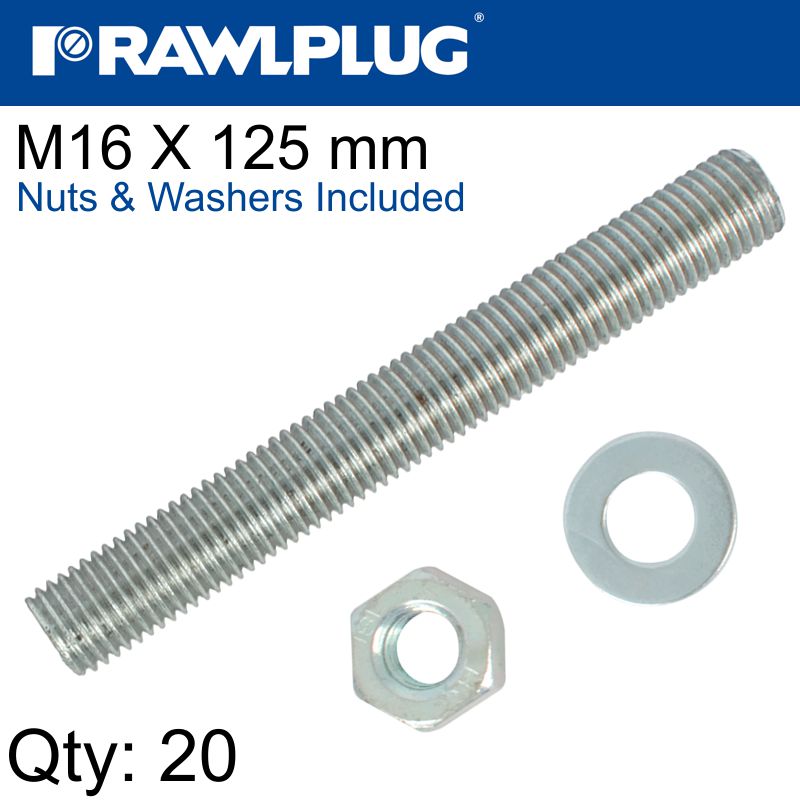 STUD M 16 X 125 X20 PER BOX WITH NUTS AND WASHERS STUD M 16 X 125 X20 PER BOX WITH NUTS AND WASHERS