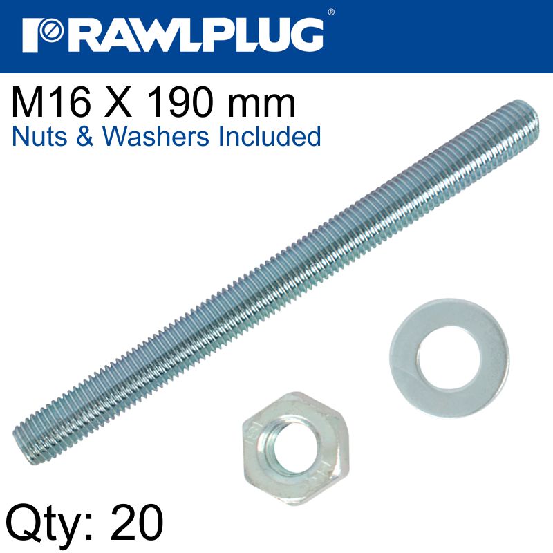 STUD M 16 X 190 X20 PER BOX WITH NUTS AND WASHERS STUD M 16 X 190 X20 PER BOX WITH NUTS AND WASHERS