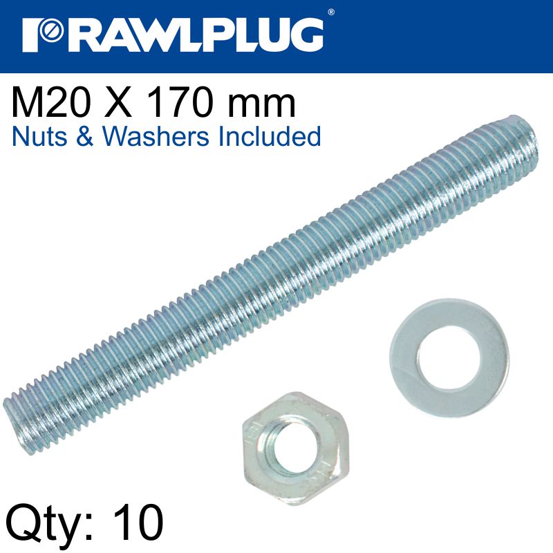 STUD M 20 X 170 X10 PER BOX WITH NUTS AND WASHERS STUD M 20 X 170 X10 PER BOX WITH NUTS AND WASHERS