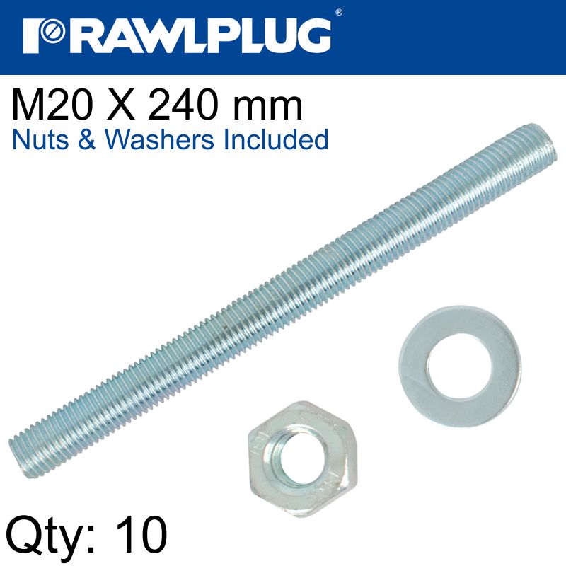 STUD M 20 X 240 X10 PER BOX WITH NUTS AND WASHERS STUD M 20 X 240 X10 PER BOX WITH NUTS AND WASHERS