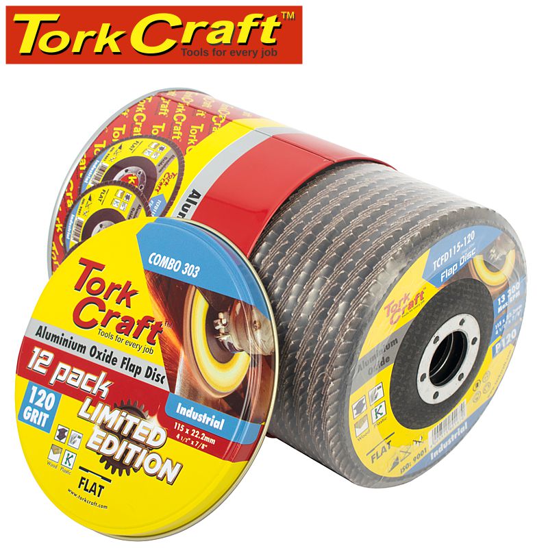 FLAP DISC ALU. OXIDE 115MM 120 GRIT FLAT 12PC METAL TIN FLAP DISC ALU. OXIDE 115MM 120 GRIT FLAT 12PC METAL TIN