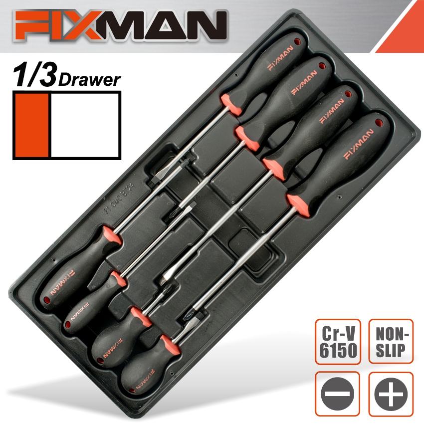 FIXMAN TRAY 8 PIECE SLOTTED AND PHILLIPS SCREWDRIVERS FIXMAN TRAY 8 PIECE SLOTTED AND PHILLIPS SCREWDRIVERS