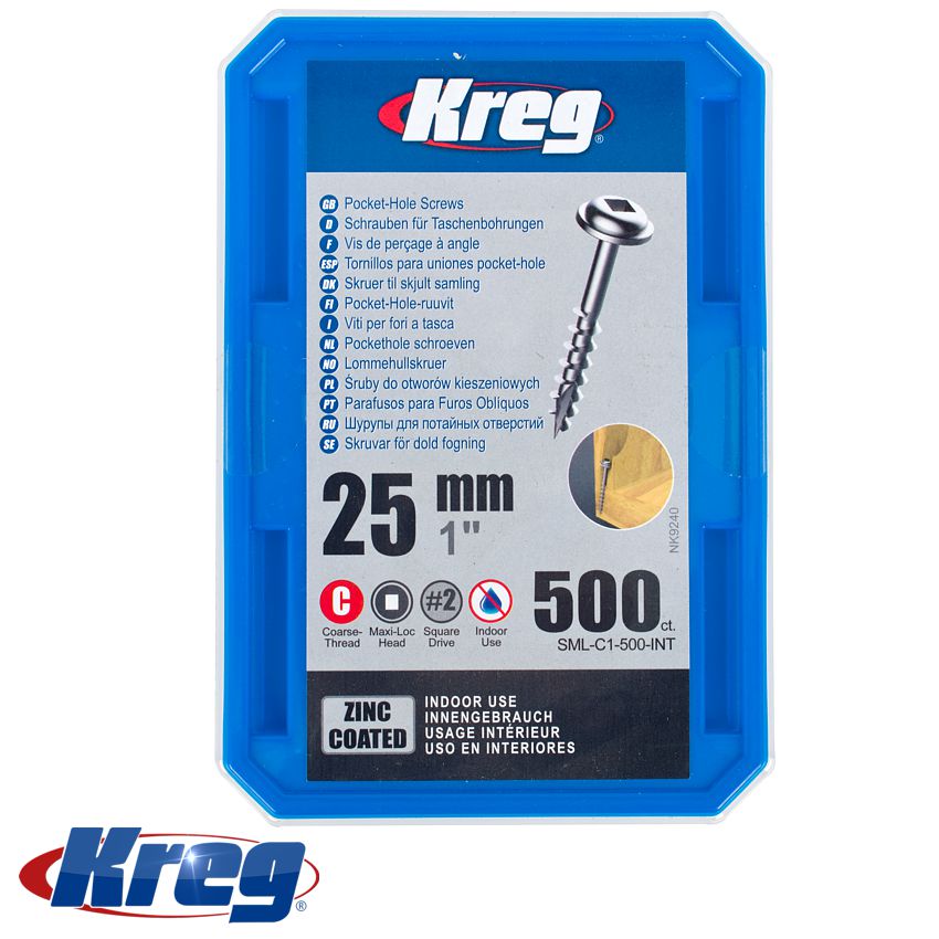 KREG ZINC POCKET HOLE SCREWS 25MM 1.00' #8 COARSE THREAD MX LOC 500CT KREG ZINC POCKET HOLE SCREWS 25MM 1.00' #8 COARSE THREAD MX LOC 500CT