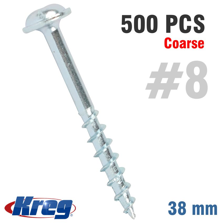 KREG ZINC POCKET HOLE SCREWS 38MM 1.50' #8 COARSE THREAD MX LOC 500CT KREG ZINC POCKET HOLE SCREWS 38MM 1.50' #8 COARSE THREAD MX LOC 500CT