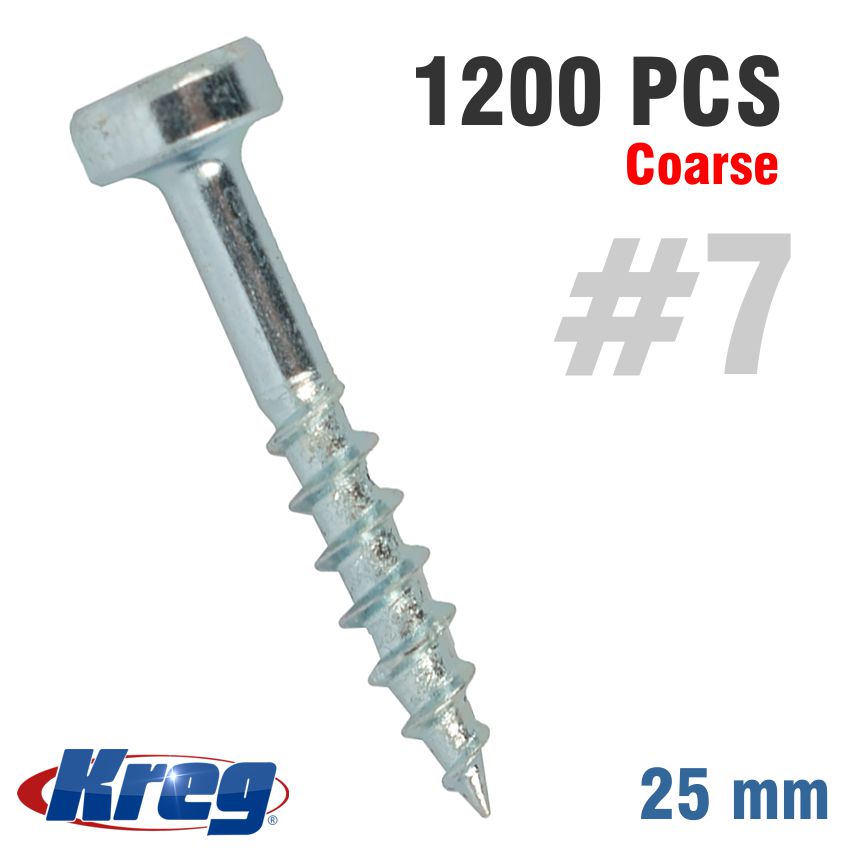 KREG ZINC POCKET HOLE SCREWS 25MM 1.00' #7 COARSE THREAD PAN HEAD 1200 KREG ZINC POCKET HOLE SCREWS 25MM 1.00' #7 COARSE THREAD PAN HEAD 1200