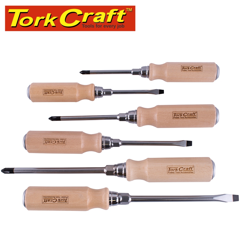 SCREWDRIVER SET 6PCE WOODEN HANDLE HAMMER USE & HEX SPANNER GRIP SCREWDRIVER SET 6PCE WOODEN HANDLE HAMMER USE & HEX SPANNER GRIP