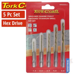 DRILL BIT SET 5PCS FULLY GROUND.TITANIUM HEX SHANK 1.5/2.5/3/4/5MM