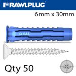UNIVERSAL NYLON PLUG+SCREWS 6MMX30MM X50-BOX