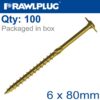 TIMBER CONSTRUCTION SCREW 6X80 MM ZINC PLATED BOX OF 100